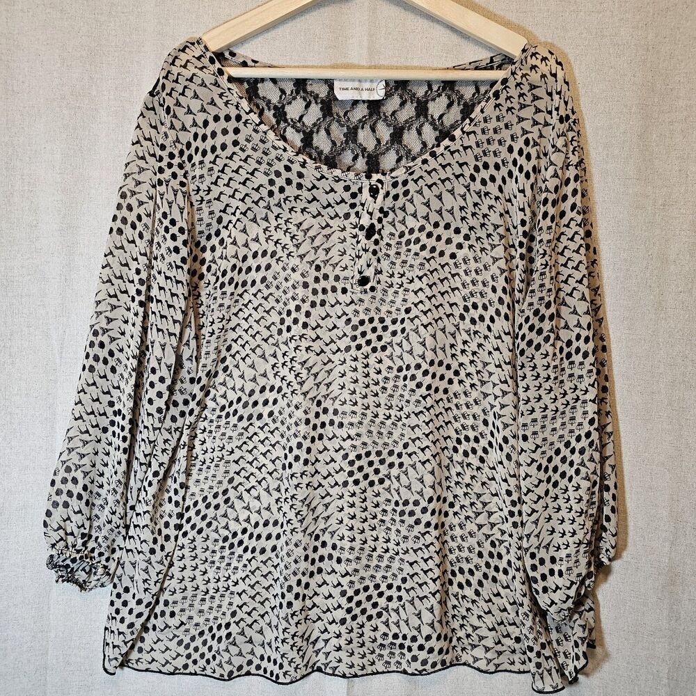 Tima And A Half Womens Top Tan With Black Icon Prints Dogs Birds Tree Crown 2X